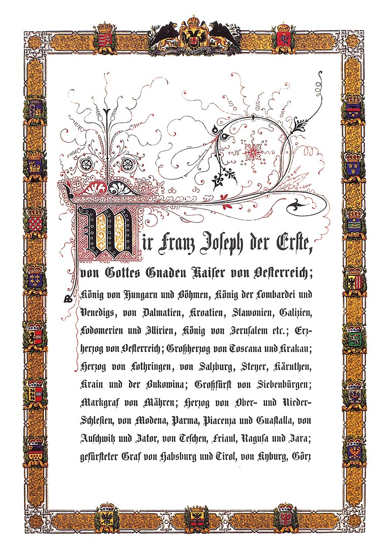 Titelseite des Februarpatents (dem Land Vorarlberg gewidmete und dort archivierte zeremonielle Ausgabe)